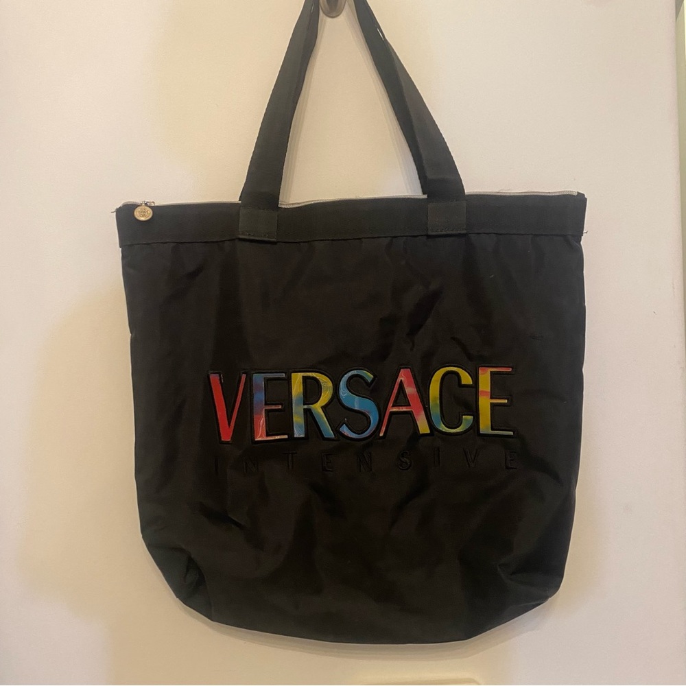 90’s Vintage Versace Intensive Logo Rainbow Color Changing Black Tote Bag